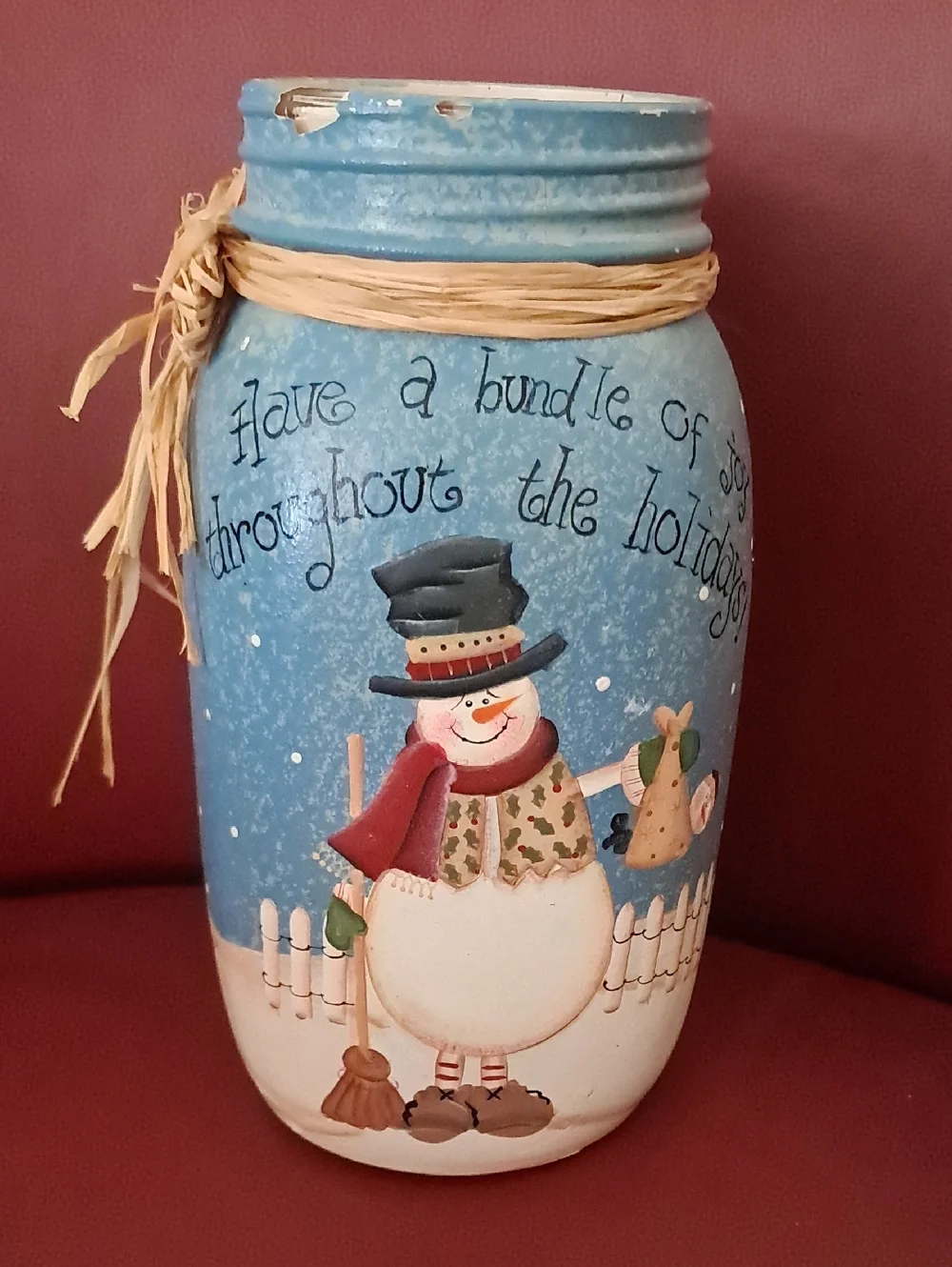 Hand Crafted, Festive Snowman Painted Mason Jar